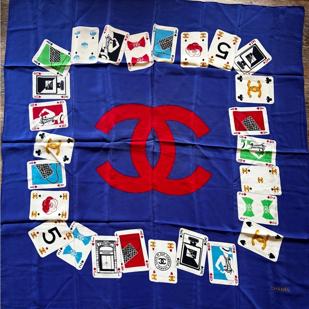 CHANEL Vibrant Blue and Red Silk Scarf. Cards. Limited edition. 90x 90